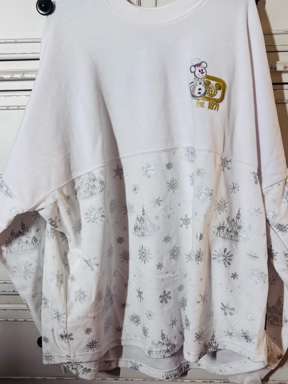 White Holiday Sweatshirt with Silver Snowflake Print and Snowman Patch